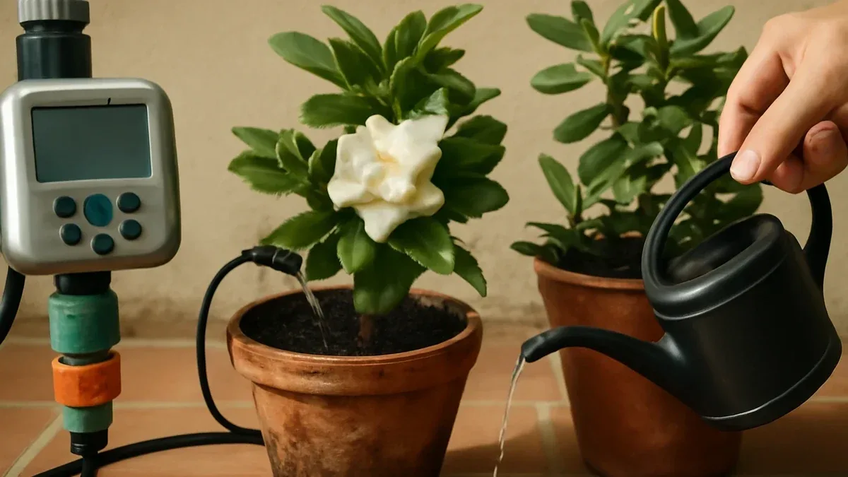 Camelia con boccioli che cadono: luce e acqua da controllare